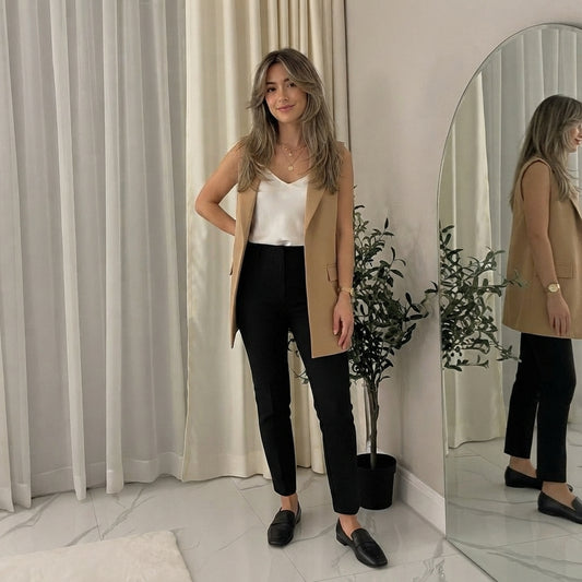 LUXE-DIVA New Womens Sleeveless Crepe Open Long Waistcoat Pocket Top Ladies Jacket 8-14 Collar Fabric Soft Womenswear Original Comfort