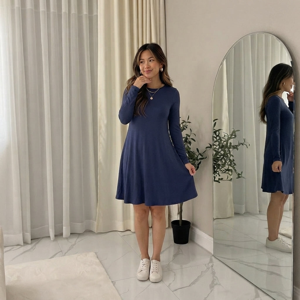 LUXE DIVA WOMEN LADIES LONG SLEEVE SWING DRESS FLARED A LINE SKATER DRESS TOP SIZE 8-26