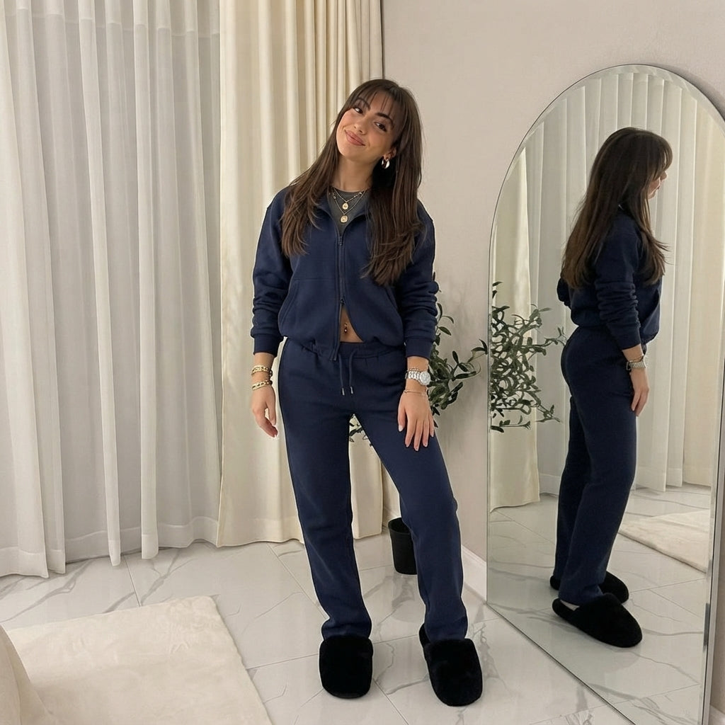 LUXE DIVA Womens Drop Shoulder Front Zip Plush Jacket Long Line Wide Leg Bottom Co-ord Set One Size Fits 8-14