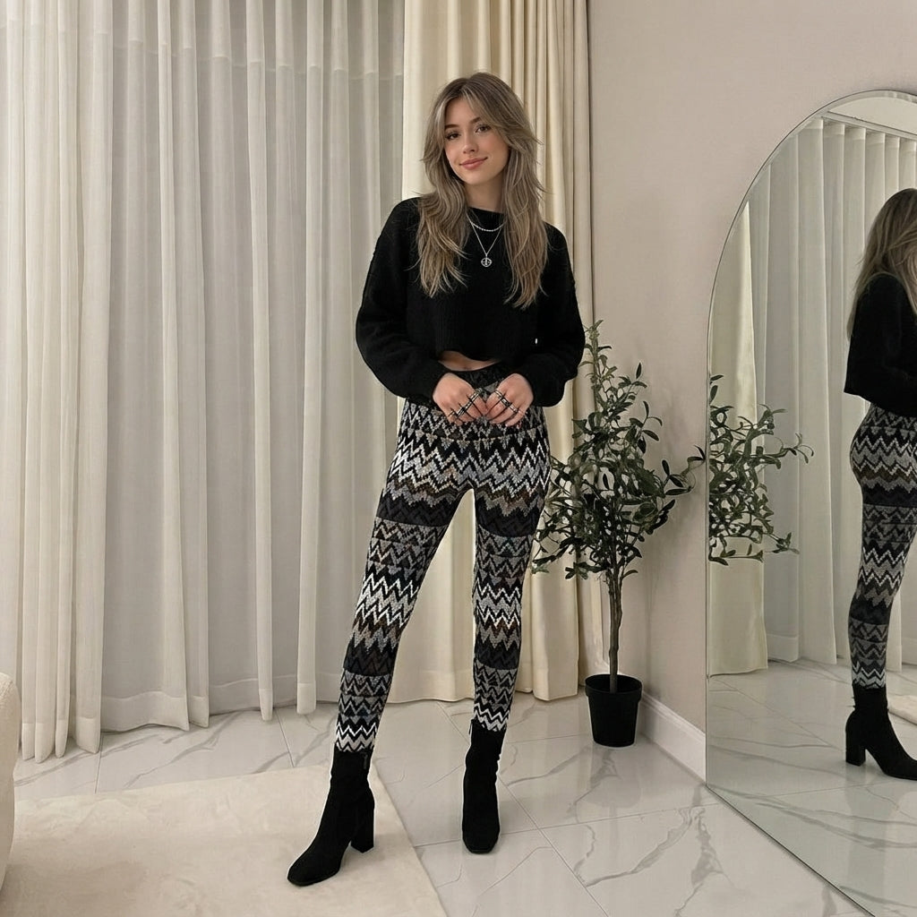 LUXE DIVA Women's Knitted Tartan Winter Leggings Soft Warm Christmas Trousers