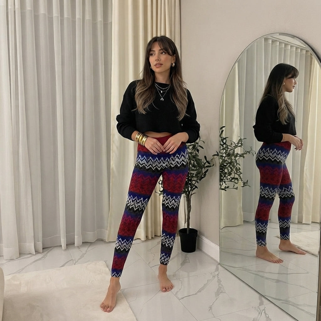 LUXE DIVA Women's Knitted Tartan Winter Leggings Soft Warm Christmas Trousers
