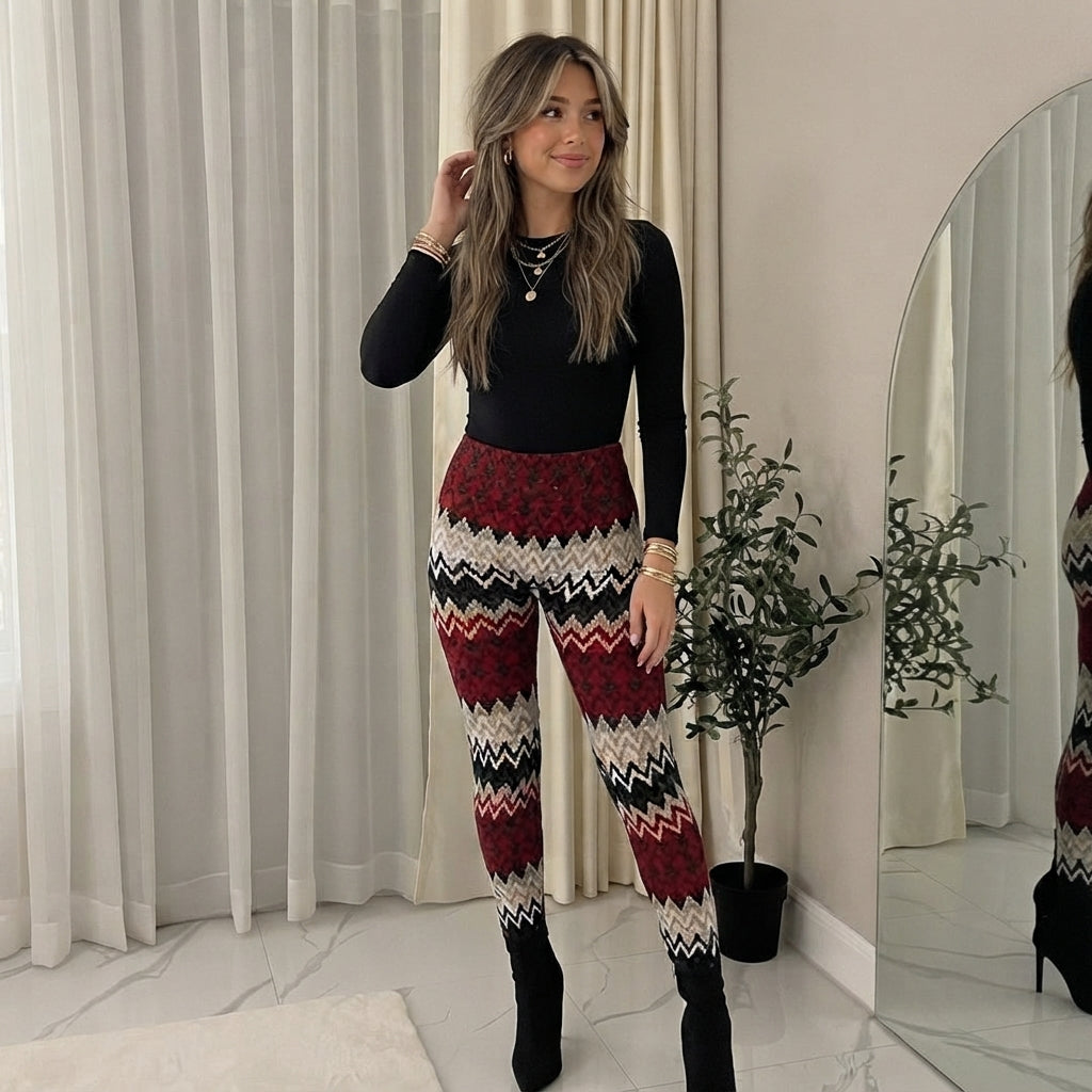 LUXE DIVA Women's Knitted Tartan Winter Leggings Soft Warm Christmas Trousers