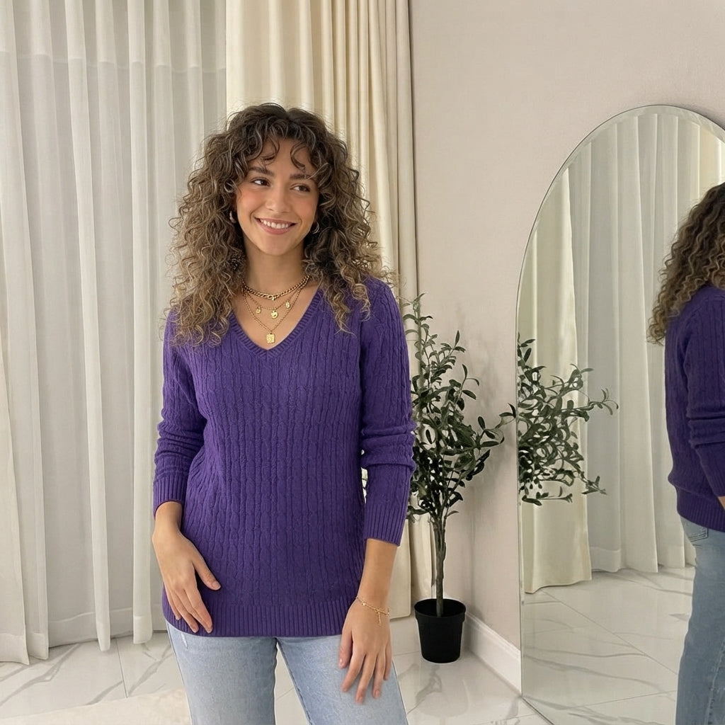 LUXE DIVA Women’s Long Sleeve V Neck Chunky Cable Knit Jumper for Ladies Casual Pullover Sweater for Women UK Size 8-22