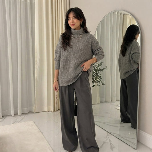 LUXE DIVA Women Chunky Knitted High Polo Roll Neck Baggy Oversized Winter Jumper Dress Top