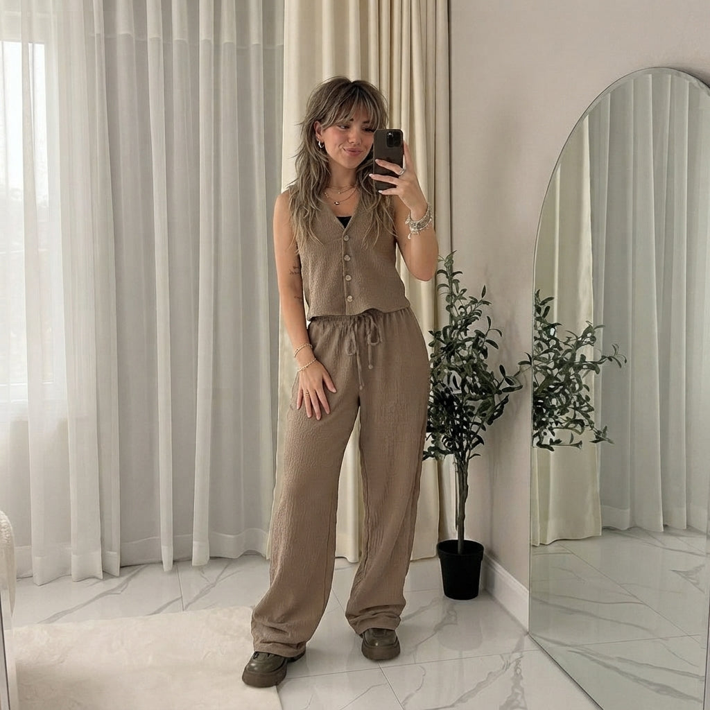 LUXE DIVA New Two Piece Wide Leg Pants Set Women's Spring New V-Neck Sleeveless Vest with Hanging Wide Leg Pants Casual Set