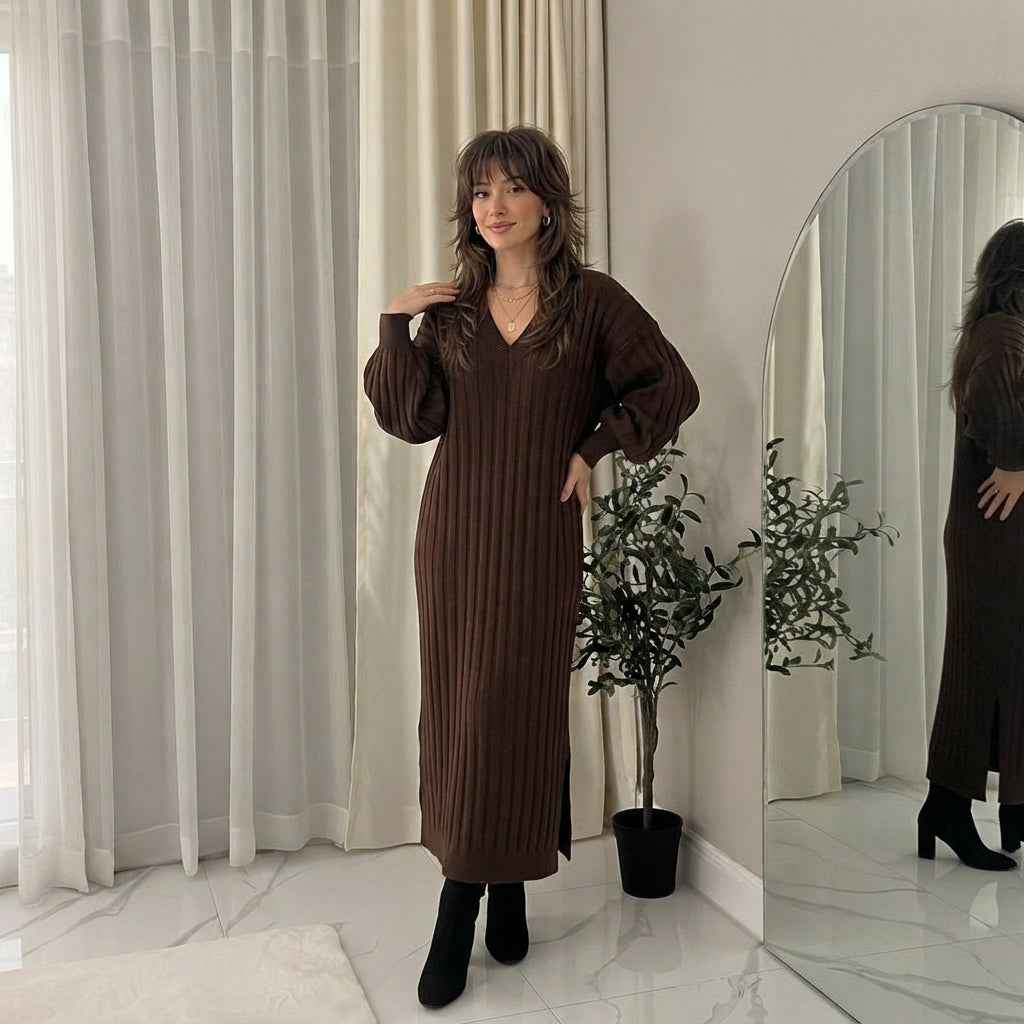 LUXE DIVA LADIES V Neck HIGH FUNNEL NECK LONG MAXI LENGTH KNITTED DRESS NOW IN STOCK
