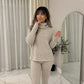 LUXE DIVA Ladies Chunky Cable Knitted Polo High Neck Top Leggings Lounge wear Suit Set