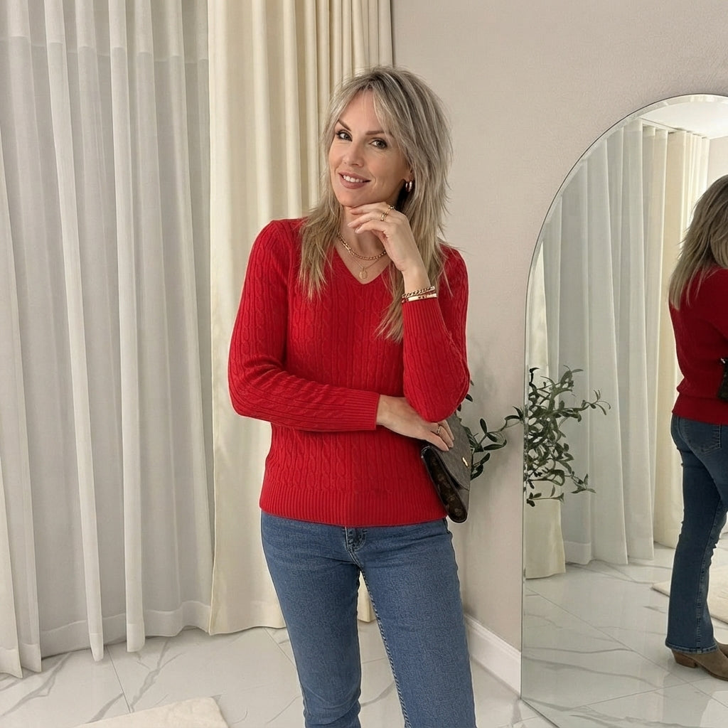 LUXE DIVA Women’s Long Sleeve V Neck Chunky Cable Knit Jumper for Ladies Casual Pullover Sweater for Women UK Size 8-22