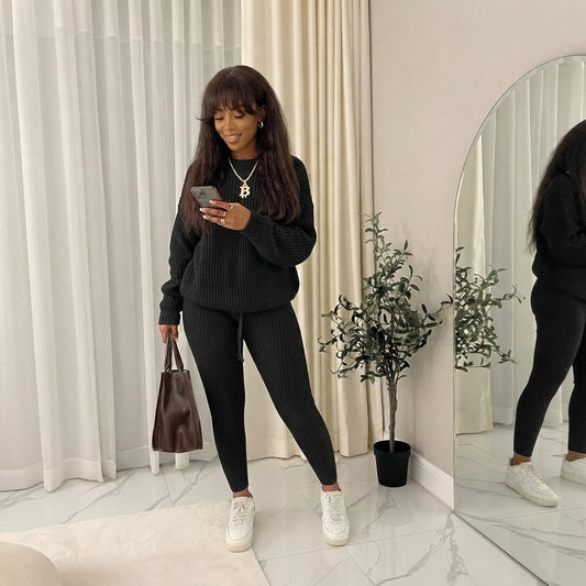 LUXE DIVA Women's 2pcs Round Neck Drop Shoulder Long Sleeve Top & Drawstring Waist Pant, Casual Slim Solid Sweater Set Knitwear
