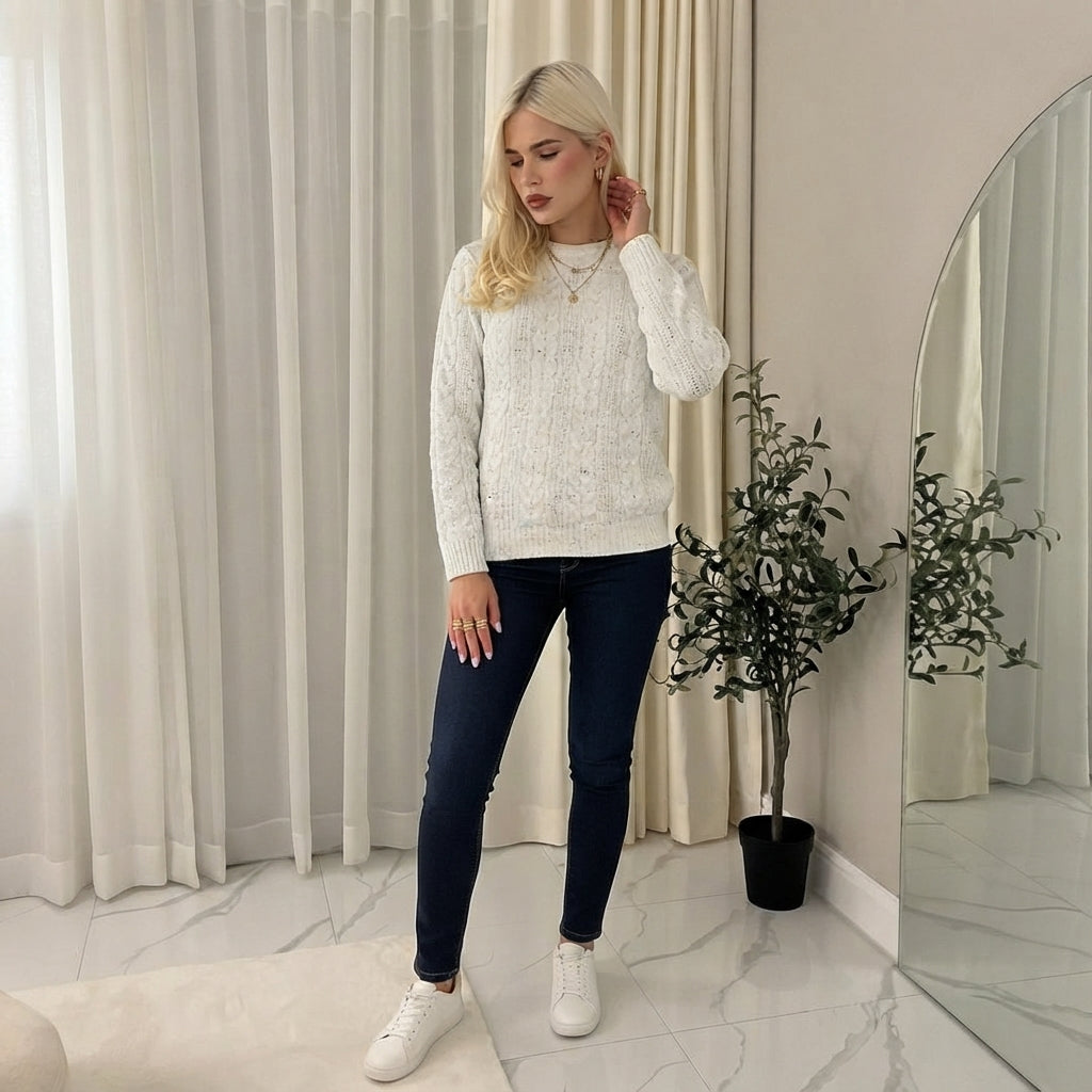 LUXE DIVA SWEATER CREW NECK CHAIN LINK PATTERN