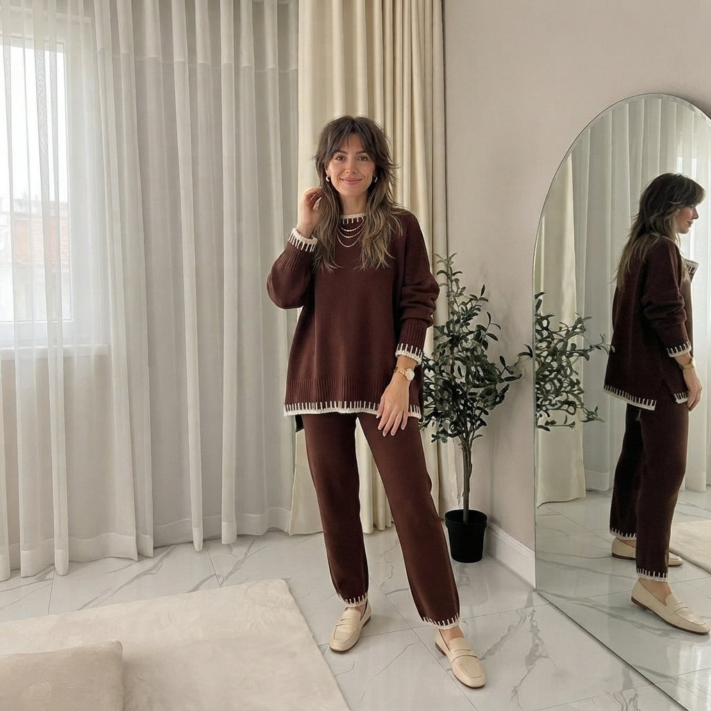 LUXE DIVA Ladies Knitted Stitched Wide Leg 2PCS Co-ord Suit Sweater Loungewear Set