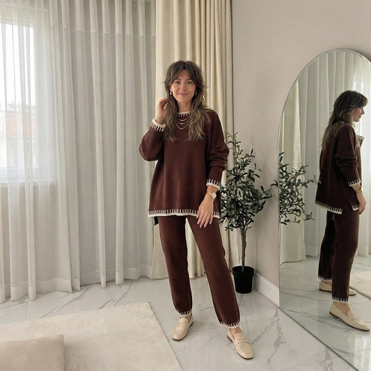 LUXE DIVA Ladies Knitted Stitched Wide Leg 2PCS Co-ord Suit Sweater Loungewear Set
