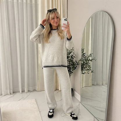 LUXE DIVA Ladies Knitted Stitched Wide Leg 2PCS Co-ord Suit Sweater Loungewear Set