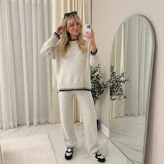 LUXE DIVA Ladies Knitted Stitched Wide Leg 2PCS Co-ord Suit Sweater Loungewear Set