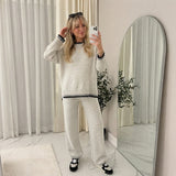 LUXE DIVA Ladies Knitted Stitched Wide Leg 2PCS Co-ord Suit Sweater Loungewear Set