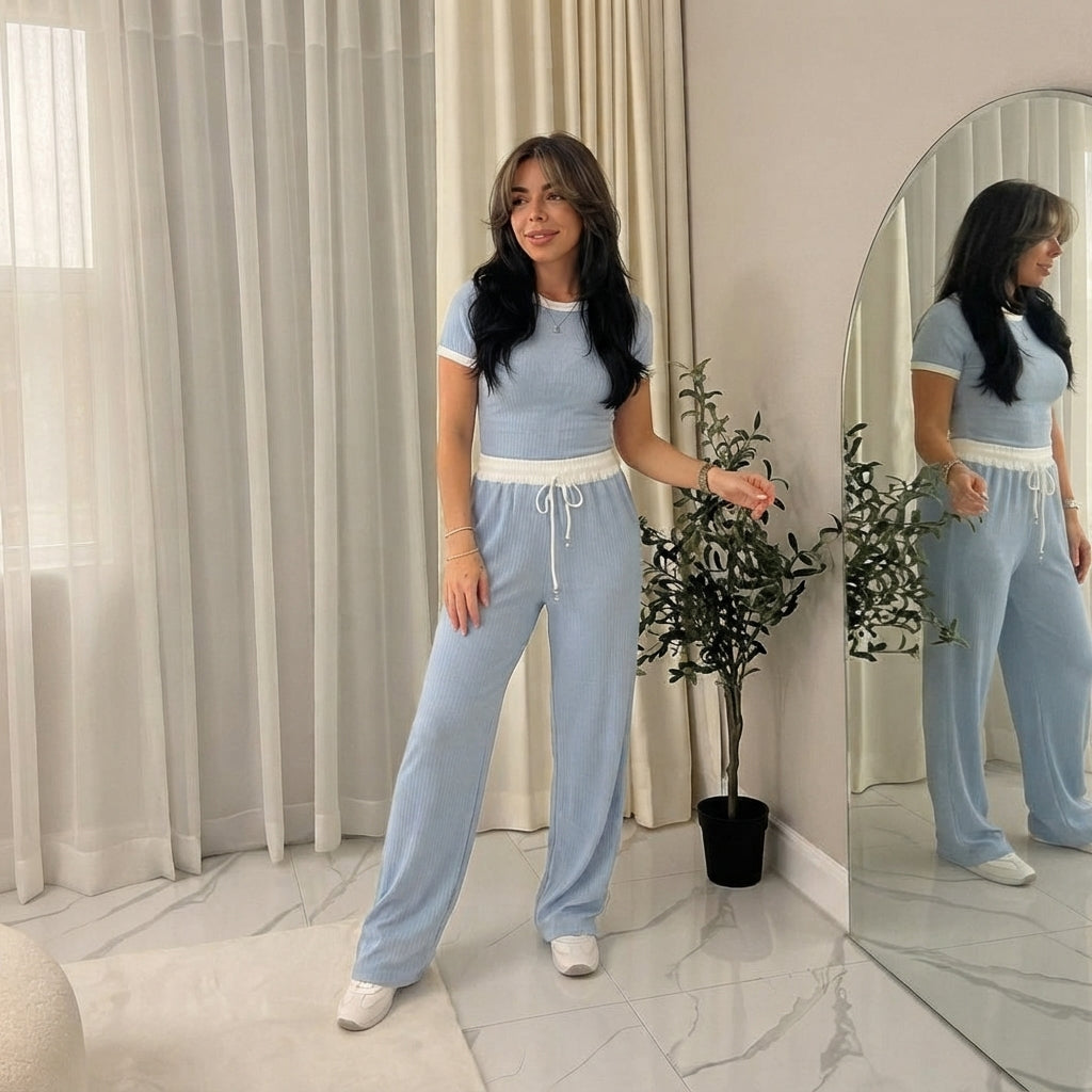 LUXE DIVA Ladies Ribbed Contrast Cap Sleeve Crop Top & Trouser