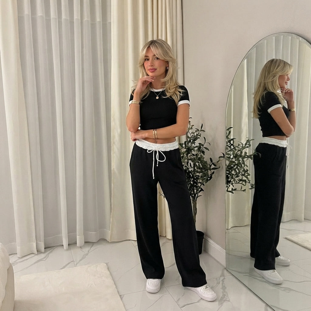 LUXE DIVA Ladies Ribbed Contrast Cap Sleeve Crop Top & Trouser