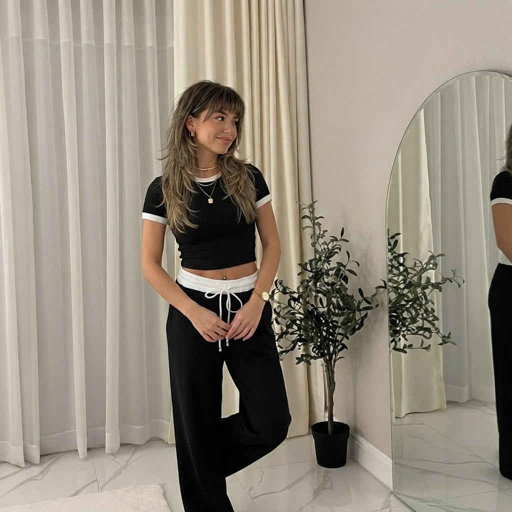 LUXEDIVA Ladies Ribbed Contras Cap Sleeve Crop  Top And Trouser