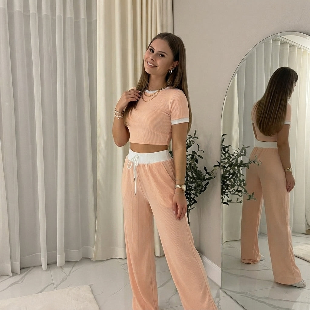 LUXE DIVA Ladies Ribbed Contrast Cap Sleeve Crop Top & Trouser