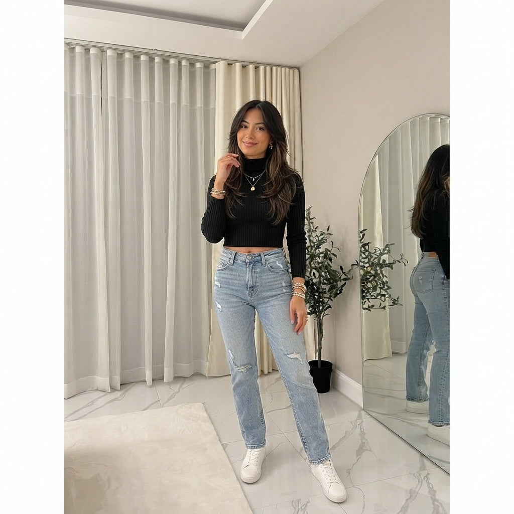 LUXE DIVA Womens Long Sleeves knitted Ribbed Polo Neck Crop Top