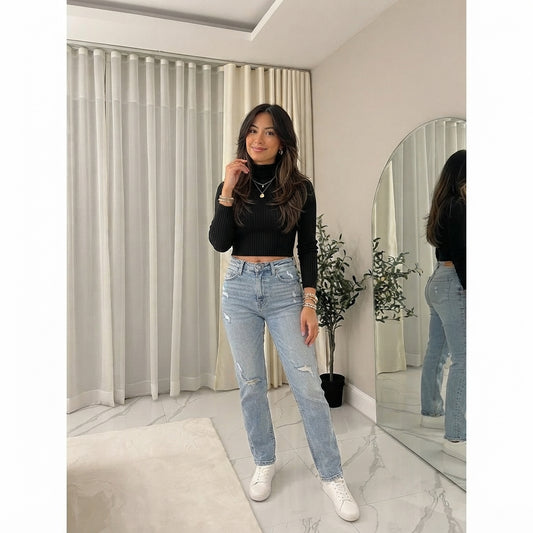 LUXE DIVA Women's Knitted Ribbed Polo Neck Long Sleeve Crop Top