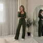 LUXE DIVA Ladies scoop neck Ribbed Long sleeve bodysuit & elasticated wide leg trouser two piece se