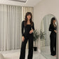 LUXE DIVA Ladies scoop neck Ribbed Long sleeve bodysuit & elasticated wide leg trouser two piece set
