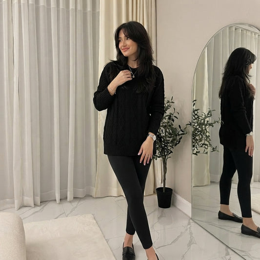 LUXE DIVA LADIES ROUND NECK LONG SLEEVE KNITTED JUMPER SELF PATTERN WITH DIAMOND ALL WAY DOWN CABLE KNIT