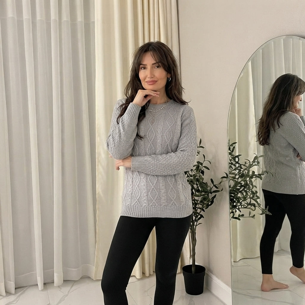 LUXE DIVA Ladies Diamond Pattern Cable Knit Jumper Round Neck Long Sleeve