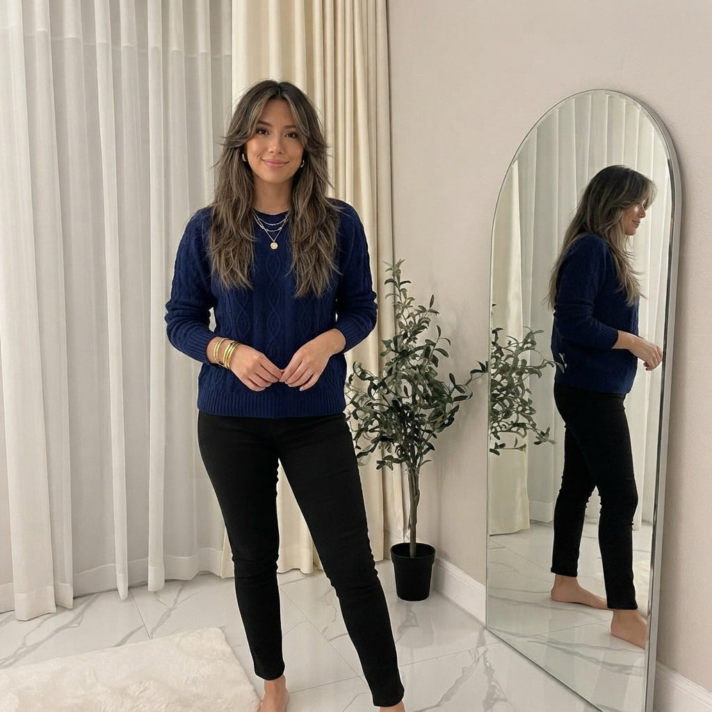 LUXE DIVA Ladies Diamond Pattern Cable Knit Jumper Round Neck Long Sleeve