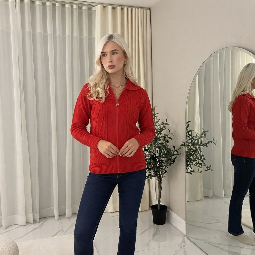 LUXE DIVA Womens Collar Zip Cable Knit Cardigan Ladies Long Sleeve Pullover Pocket Jumper