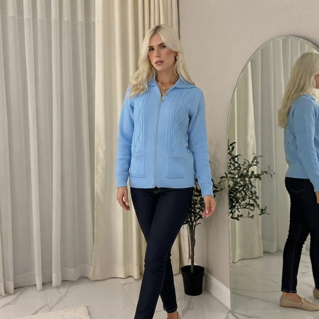 LUXE DIVA Womens Collar Zip Cable Knit Cardigan Ladies Long Sleeve Pullover Pocket Jumper