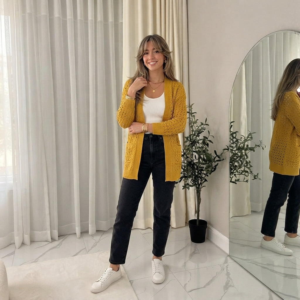 LUXE-DIVAWomen's Plus Cable Knitted Open Pocket Cardigan