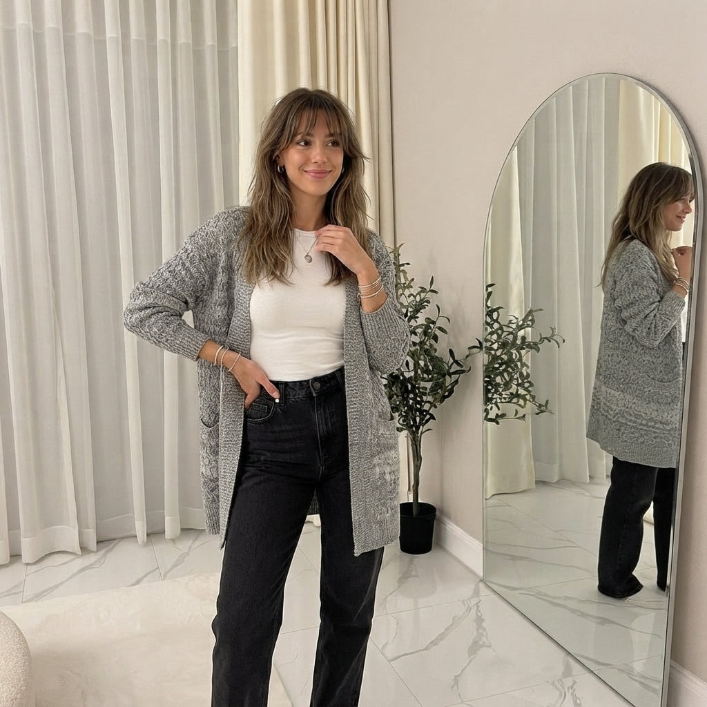 LUXE-DIVAWomen's Plus Cable Knitted Open Pocket Cardigan