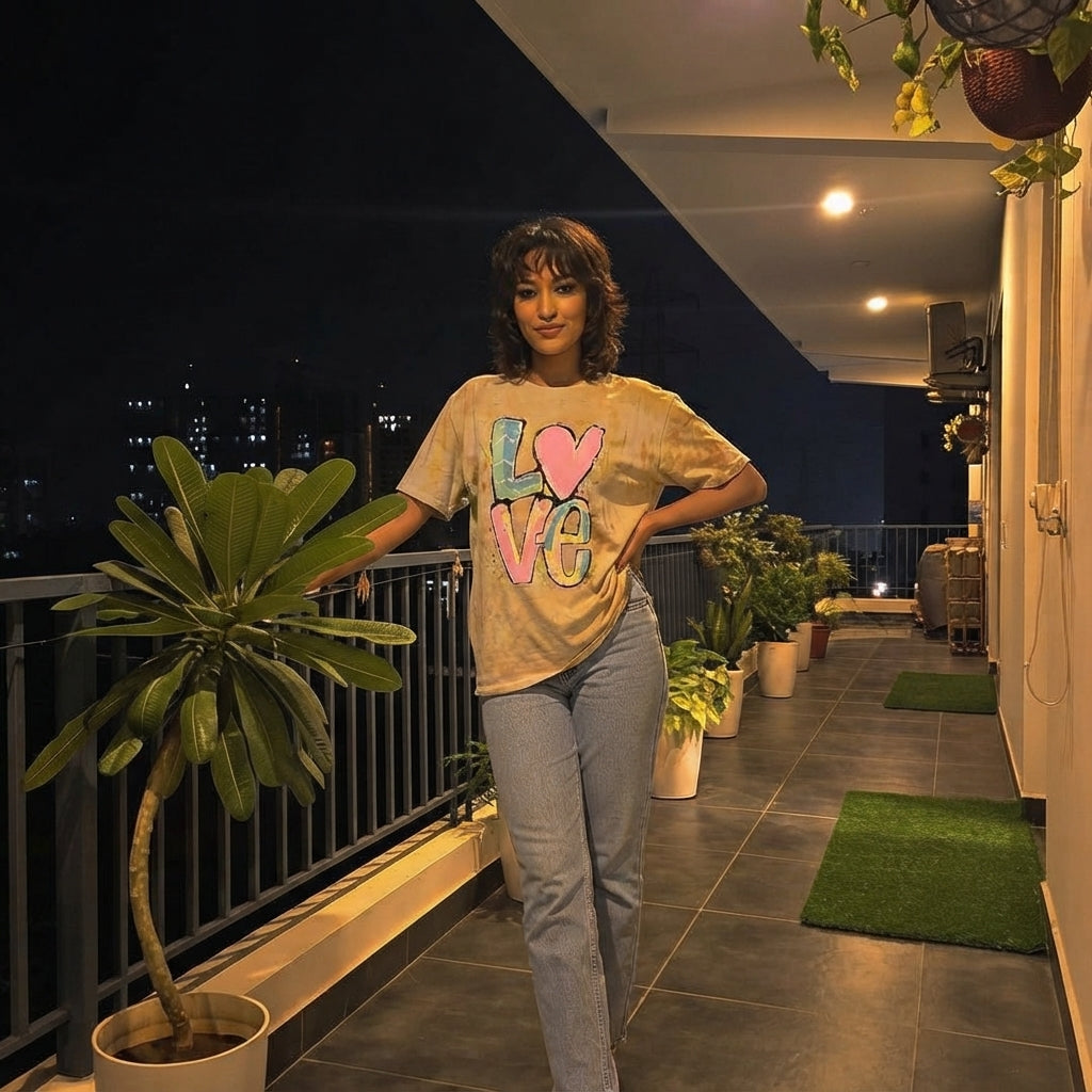 LUXE DIVA Women's Colourful Love Print Oversized T Shirt Casual Short Sleeve Top