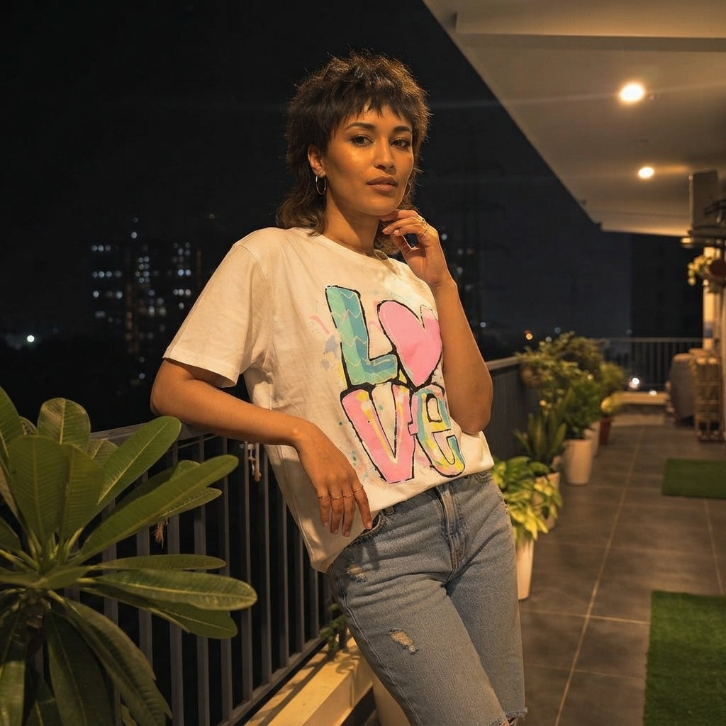 LUXE DIVA Women's Colourful Love Print Oversized T Shirt Casual Short Sleeve Top