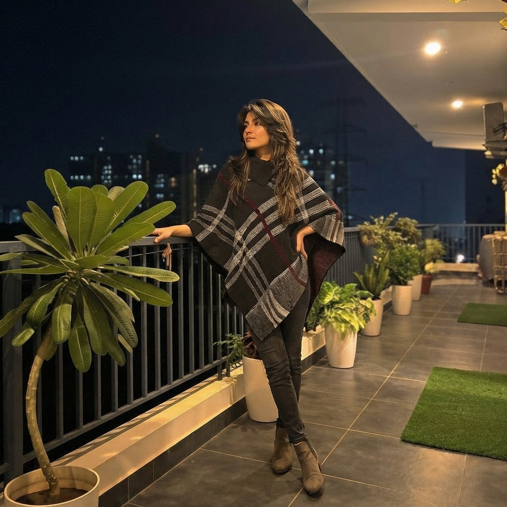 LUXE DIVA Women's Check Print Poncho Knitted Collared Cape Wrap Shawl Jumper