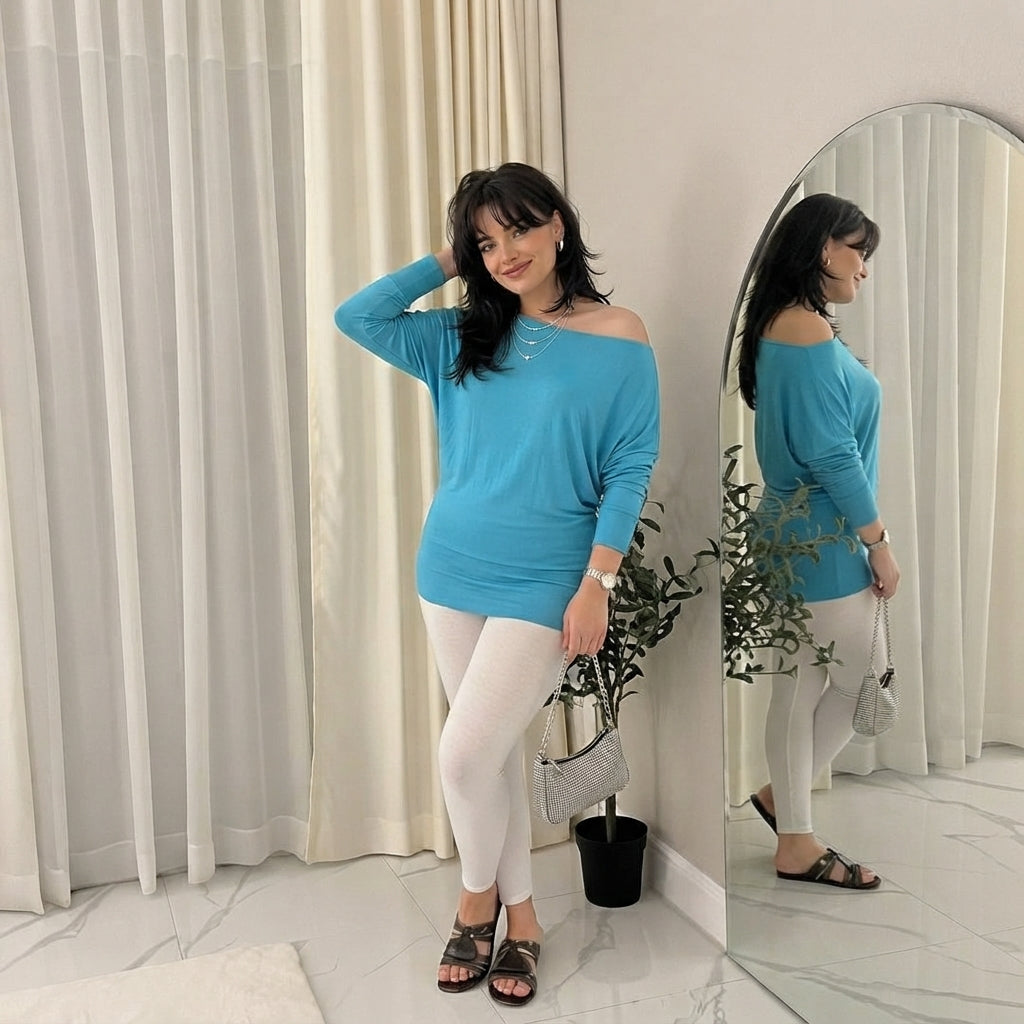 LUXE DIVA One Off-Shoulder Tops with Long Sleeves, Off Shoulder Batwing Jumper, Ladies Batwing Top in Black, Red, White Plus 21 Colors More UK