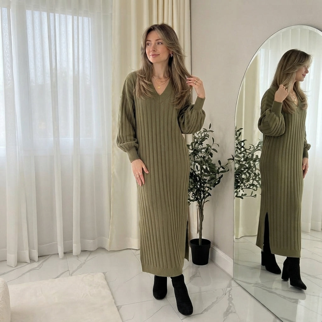 LUXE DIVA LADIES V Neck HIGH FUNNEL NECK LONG MAXI LENGTH KNITTED DRESS NOW IN STOCK