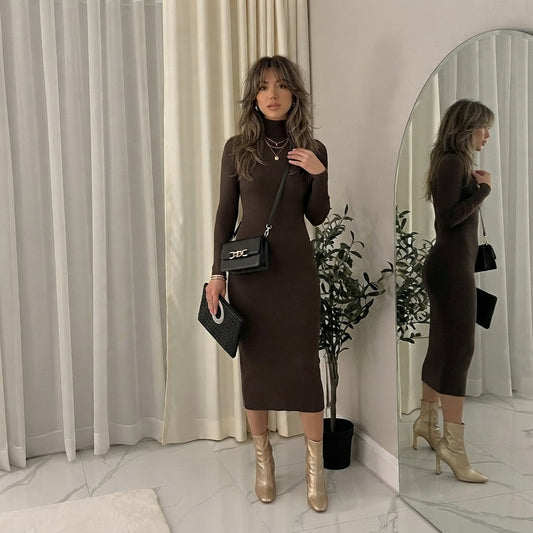 LUXE DIVA LADIES TURTLE HIGH FUNNEL NECK LONG MAXI LENGTH KNITTED DRESS
