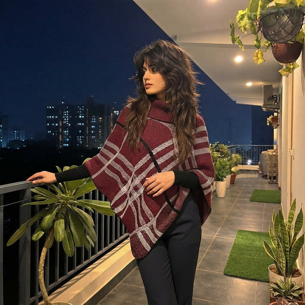LUXE DIVA Women's Check Print Poncho Knitted Collared Cape Wrap Shawl Jumper