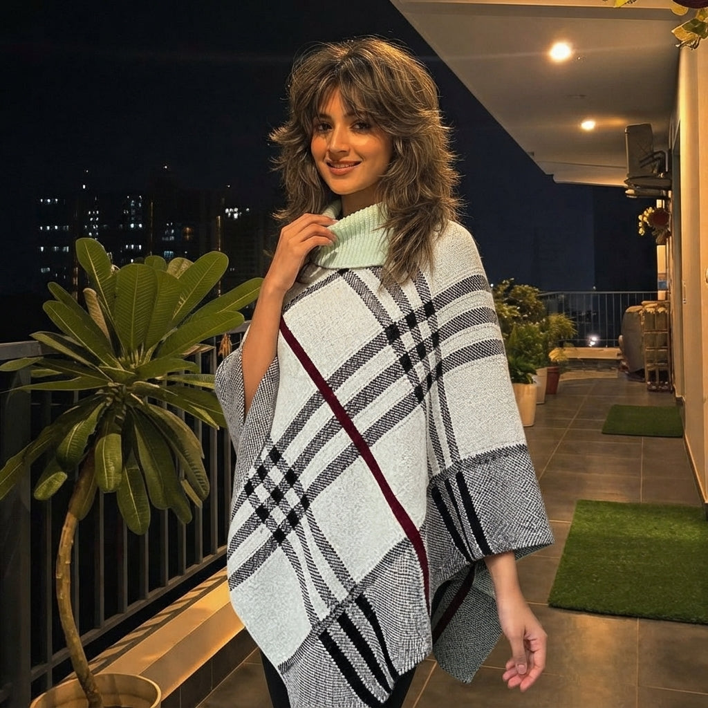 LUXE DIVA Women's Check Print Poncho Knitted Collared Cape Wrap Shawl Jumper