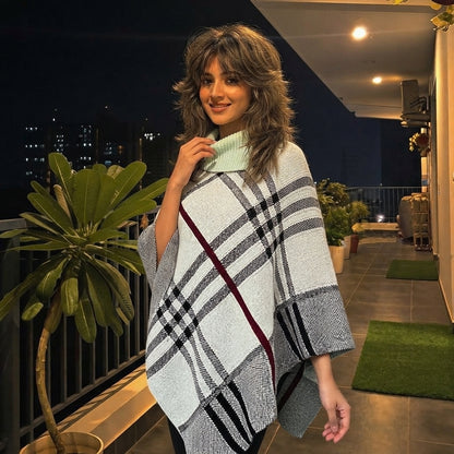 LUXE DIVA Women's Check Print Poncho Knitted Collared Cape Wrap Shawl Jumper