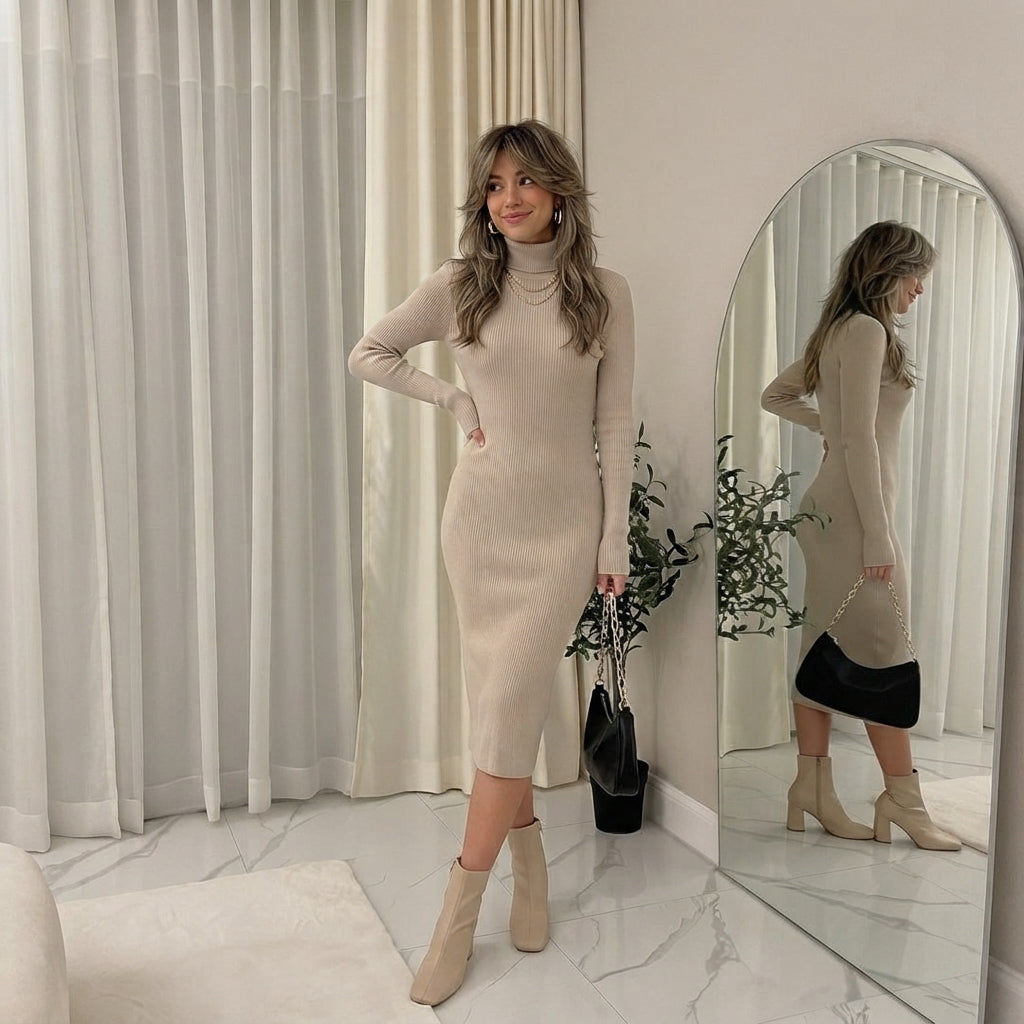 LUXE DIVA LADIES TURTLE HIGH FUNNEL NECK LONG MAXI LENGTH KNITTED DRESS
