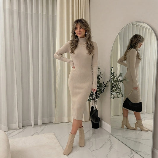 LUXE DIVA LADIES TURTLE HIGH FUNNEL NECK LONG MAXI LENGTH KNITTED DRESS