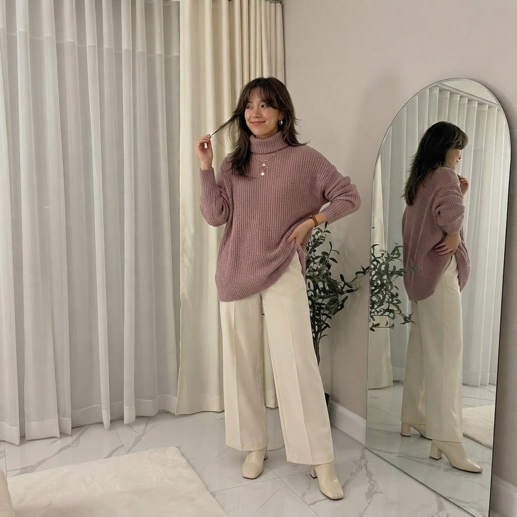 LUXE DIVA Women Chunky Knitted High Polo Roll Neck Baggy Oversized Winter Jumper Dress Top
