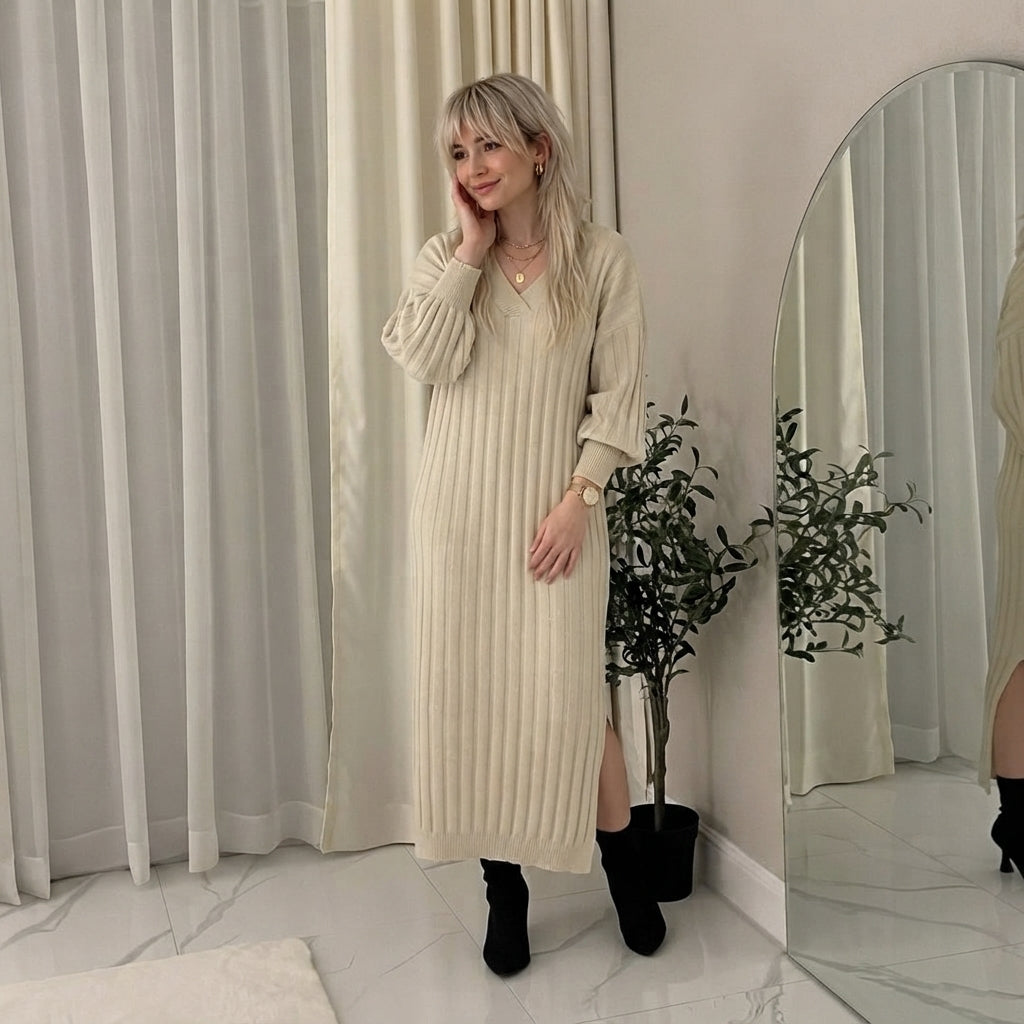 LUXE DIVA LADIES V Neck HIGH FUNNEL NECK LONG MAXI LENGTH KNITTED DRESS NOW IN STOCK