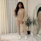 LUXE DIVA Women's 2pcs Round Neck Drop Shoulder Long Sleeve Top & Drawstring Waist Pant, Casual Slim Solid Sweater Set Knitwear