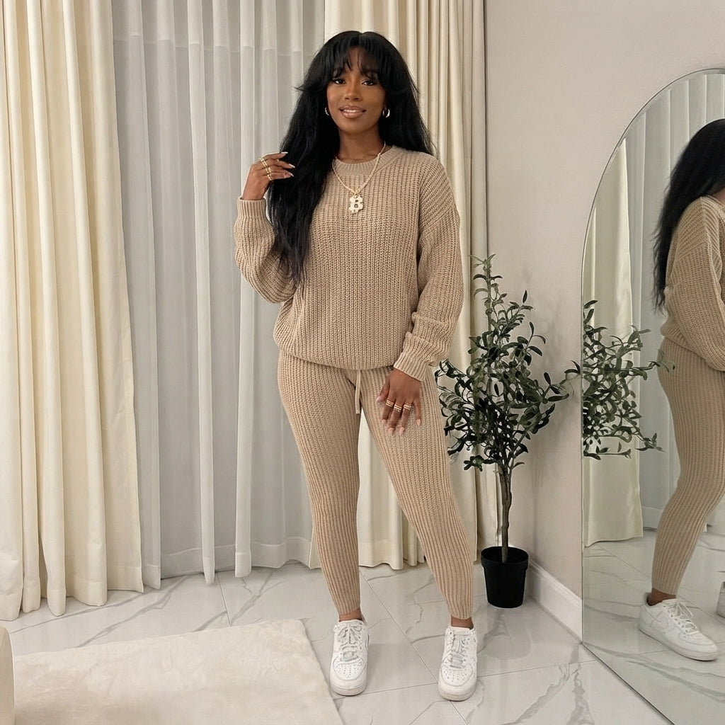 LUXE DIVA Women's 2pcs Round Neck Drop Shoulder Long Sleeve Top & Drawstring Waist Pant, Casual Slim Solid Sweater Set Knitwear