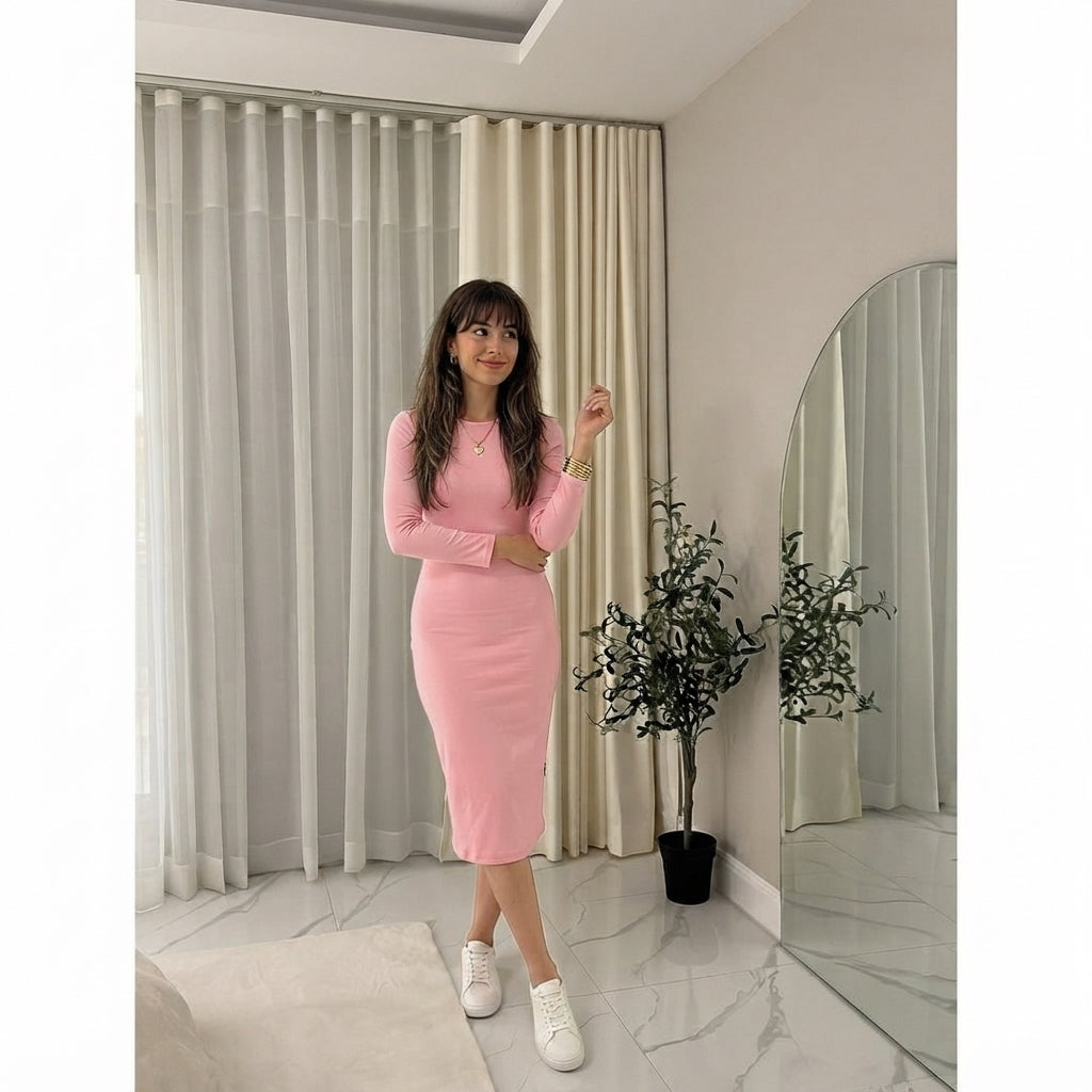 LUXE DIVA Ladies Womens Long Sleeve Stretch Jersey Bodycon Printed MIDI Dress Plus Size